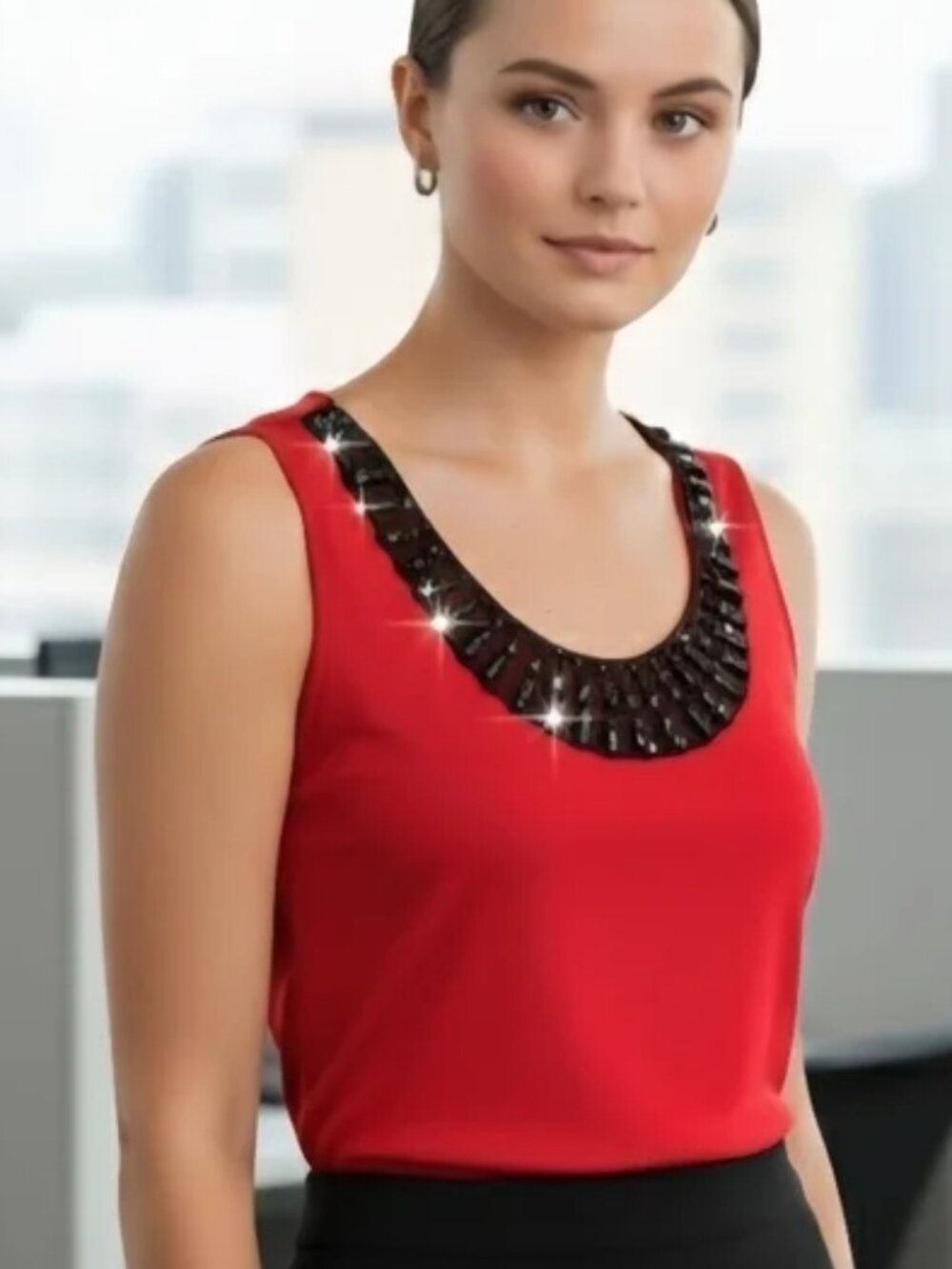 Embellished Beaded Apostrophe Red Stretch top Striking Gem Trim Tank XL P2P 20.5